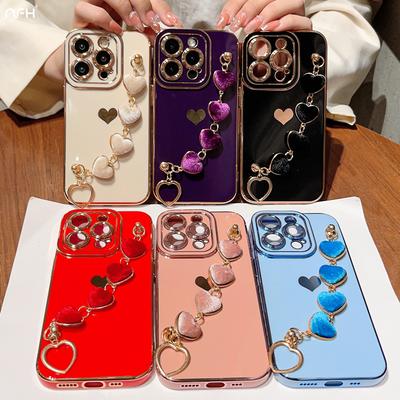 Pour iPhone 15 Pro Max Cadre de Protection Plaqué Luxe Bracelet Sangle Coque de Téléphone Pour iPhone 11 12 13 14 15 16 X Xs Xr 7 8 Plus Housse à Chaîne