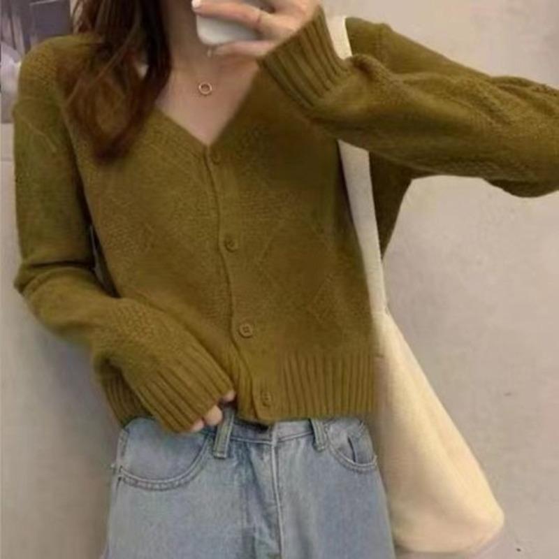 Autumn and winter new loose simple versatile knitted cardigan women's soft waxy v-neck thin long-sleeved sweater jacket trendy