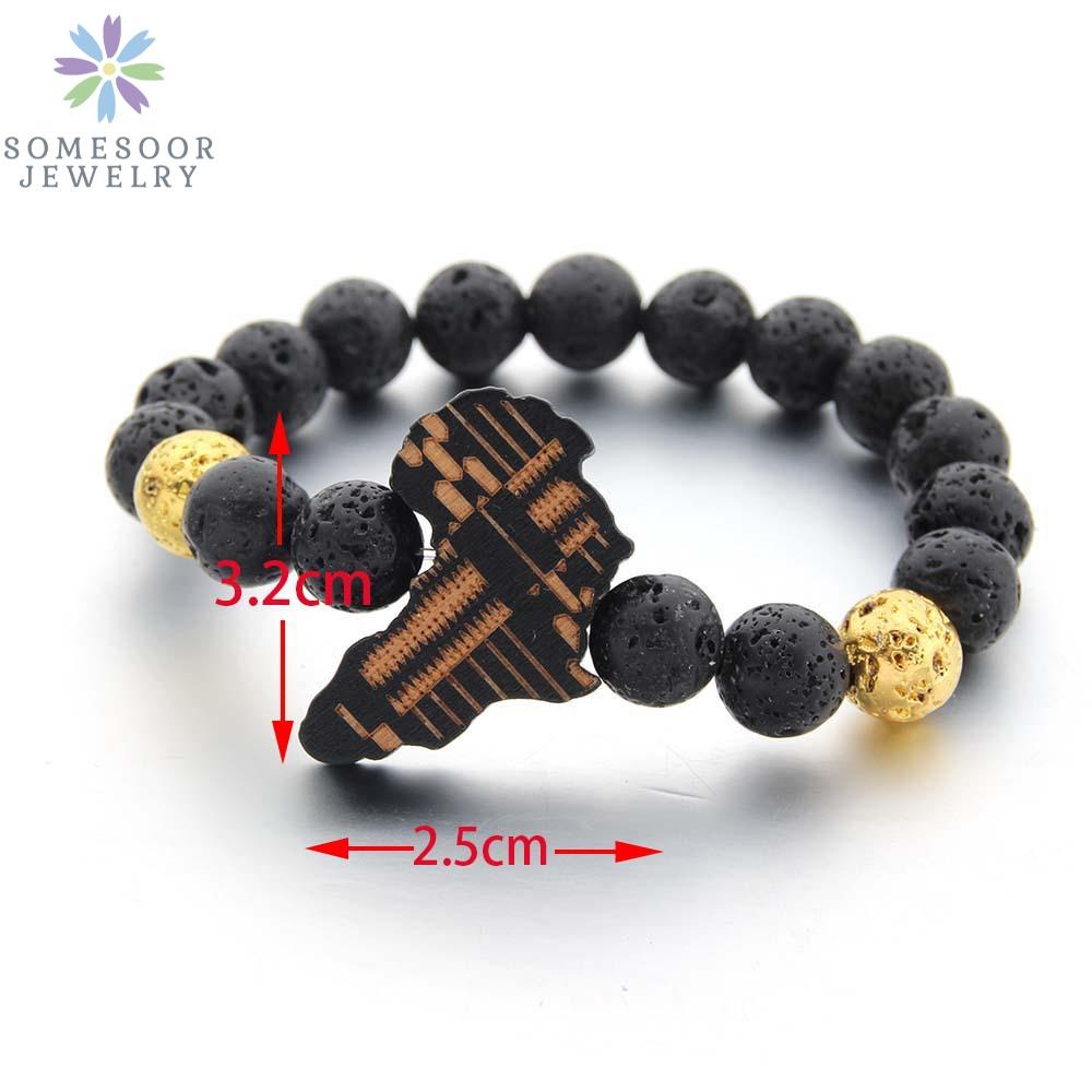SOMESOOR Egyptian Ankh Bracelet Wood African Map Engraved Wristband Lava Stone Beads Ethinic Charms Bangle For Women Men Gifts