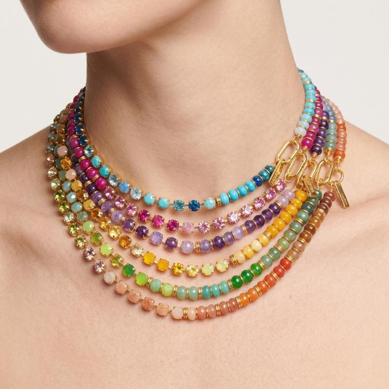 Zircon Layered Choker Necklace Three Tier Rainbow Beads Stylish Jewelry for Girls Women Festival Gift Casual Wear