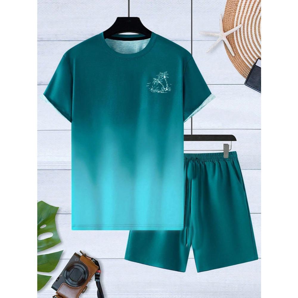 Palmenprint Herren Frühling und Sommer Zweiteiliges Set Lässiges Rundhals Kurzarm T-Shirt Shorts Sportanzug Print Kleidung