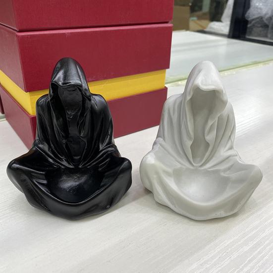 Grim Reaper Statue Gothic Crystal Ball Stand Bookshelf Decor Mysterious Creepy Wizard Robe Sculpture for Halloween Home Decor