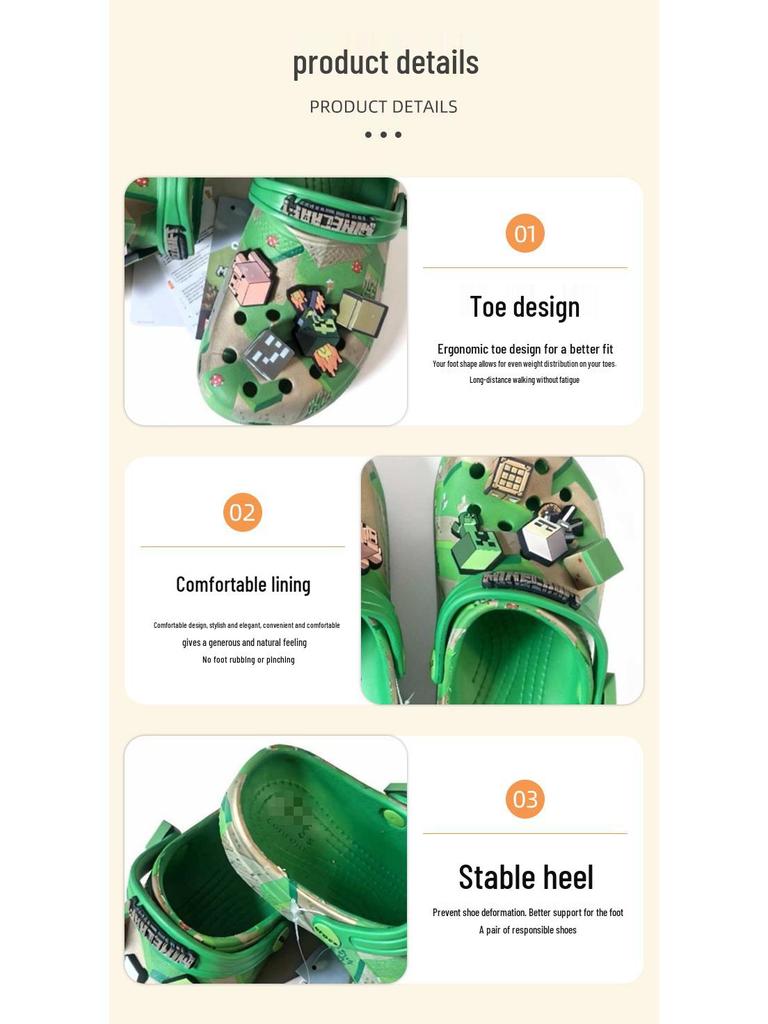 Kids' Minecraft Clog Sandals with Charms - Non-slip, Breathable, Wear-resistant, Closed-toe