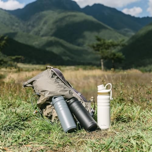 GRANDTIES Premium Vacuum Insulated Water Bottle, Stainless Steel Wide Mouth, 709ml - Includes Two Lids & Easy-to-Clean Large Opening (Stone Gray)
