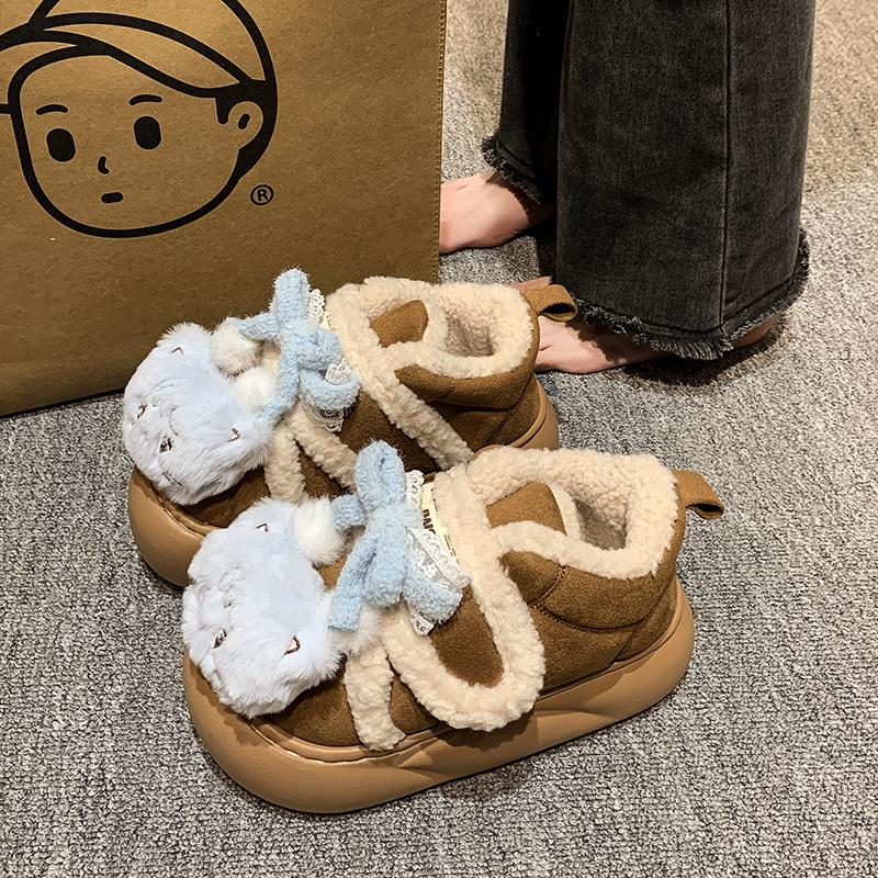 Fashion Women's Fashion Flat Shoes Winter New Round Head Suede Cartoon Decoration Thick Soles Soft Soles Non-slip Low Top Shoes