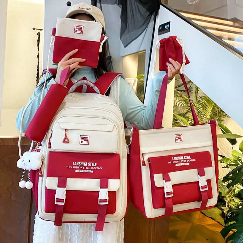 5-Piece Backpack Set Color Block Large Capacity School Bag Korean Style for High School College Students Travel