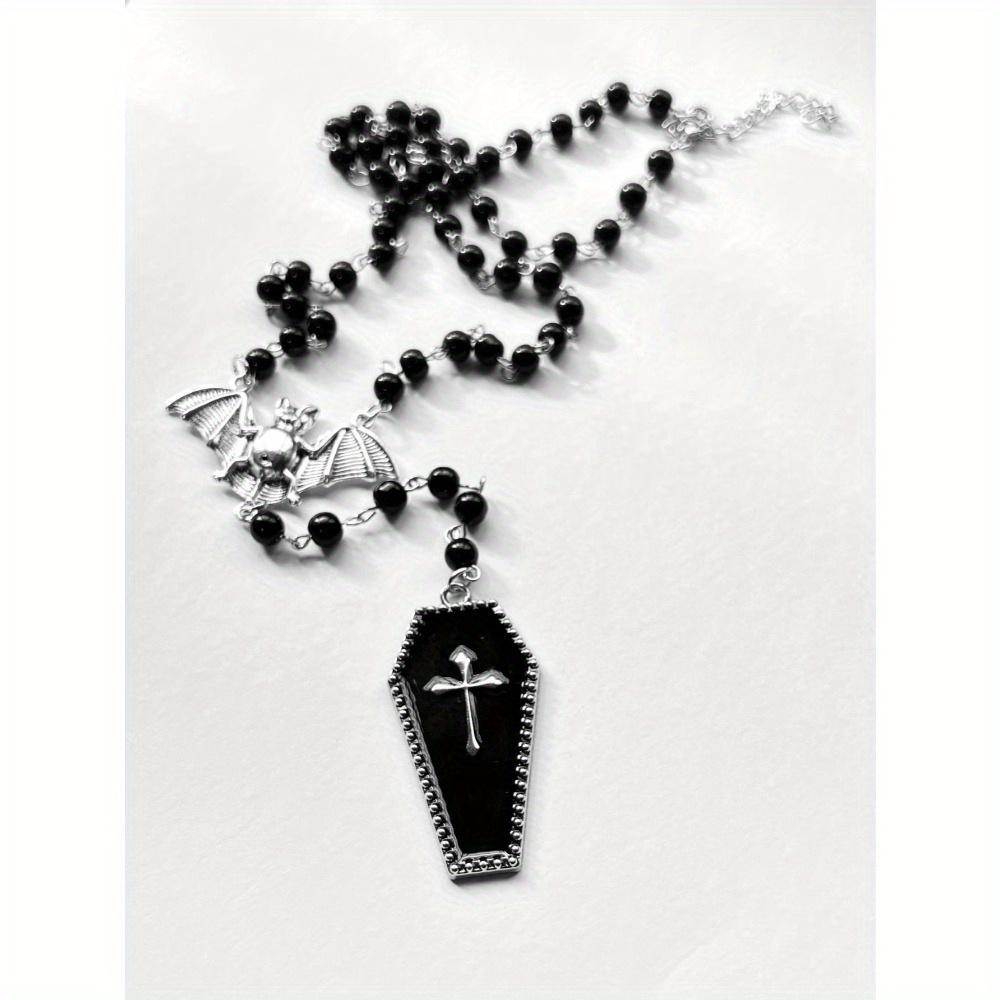 1pc Gothic Y2K Style Beaded Necklace with Bat & Red Cross Pendant - Black Beads, Copper Accents, Perfect for Parties, Graduations, and Travel, Gothic