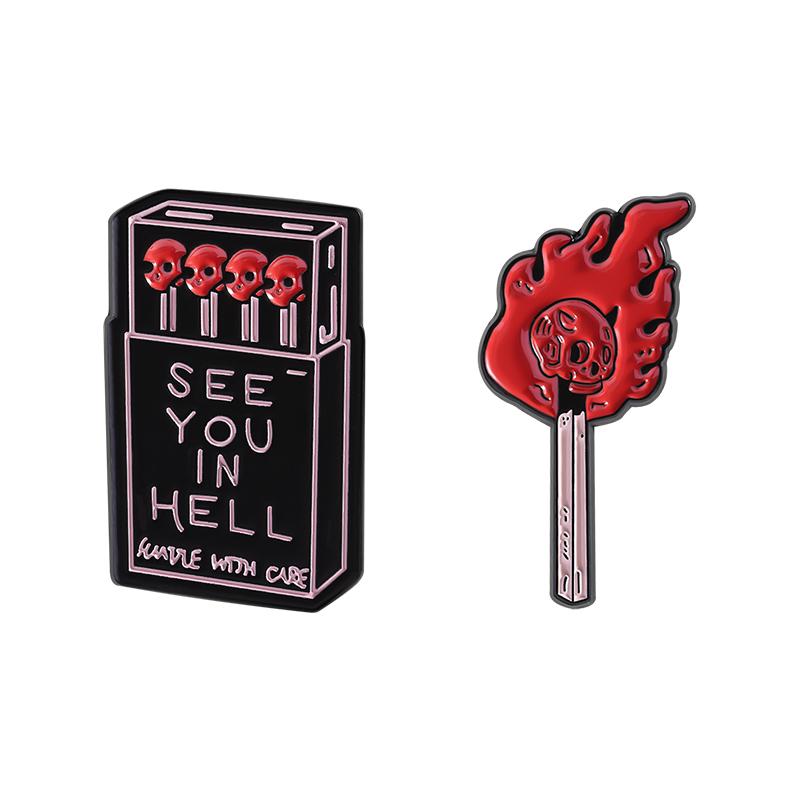 SEE YOU IN HELL Enamel Pins Custom Skull Matchsticks Brooches Lapel Badges Clothes Punk Jewelry Gift for Friends