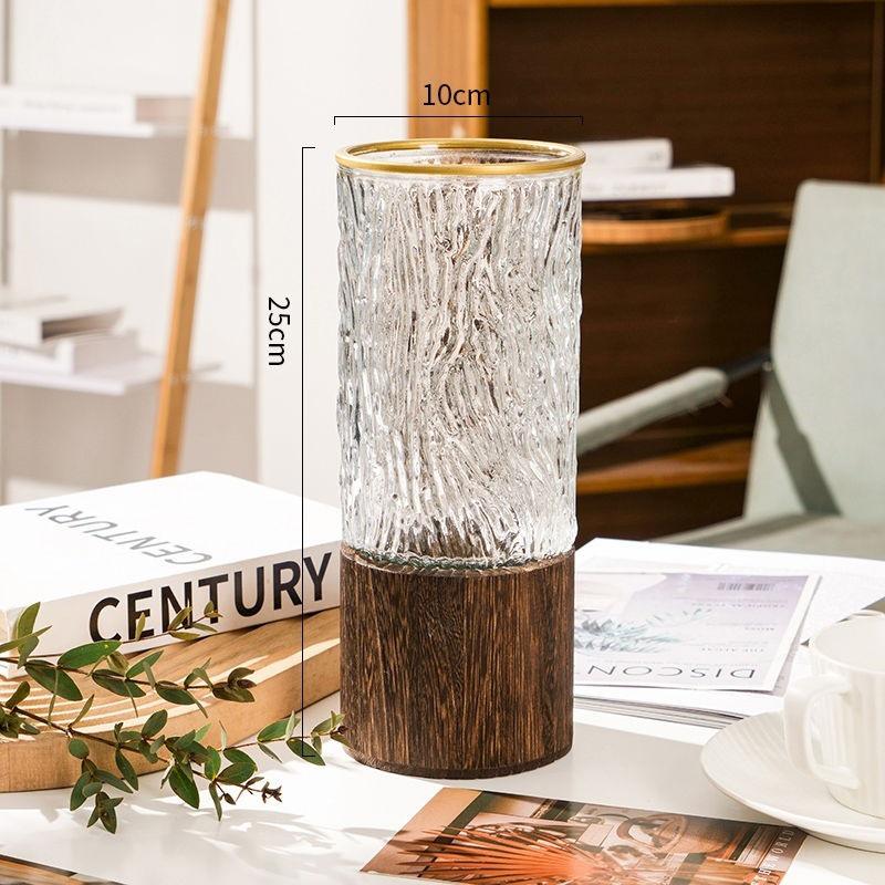 Elegante Glasvase mit Windholzsockel - Luxuriöses Wohnzimmerornament
