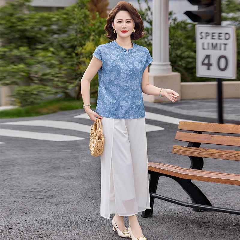 

2026 Summer New Plus Size Short Sleeve Suit: Stylish Two-Piece Set for Middle-Aged and Elderly Women 2XL синий