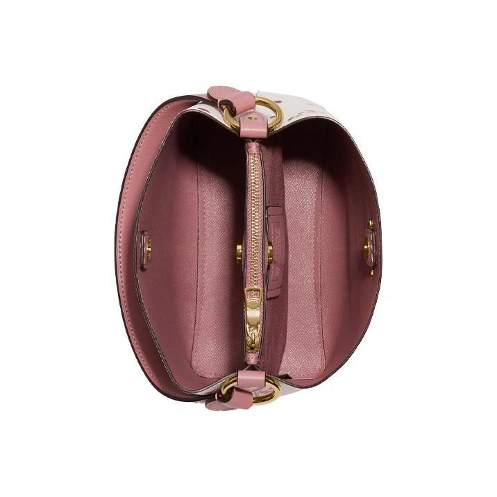 Coach Town 22 Metallic Horse And Carriage Logo Heart Flower Print Coated Canvas And Leather Bucket Bag Women Bags Pink White C7976-IMCAH