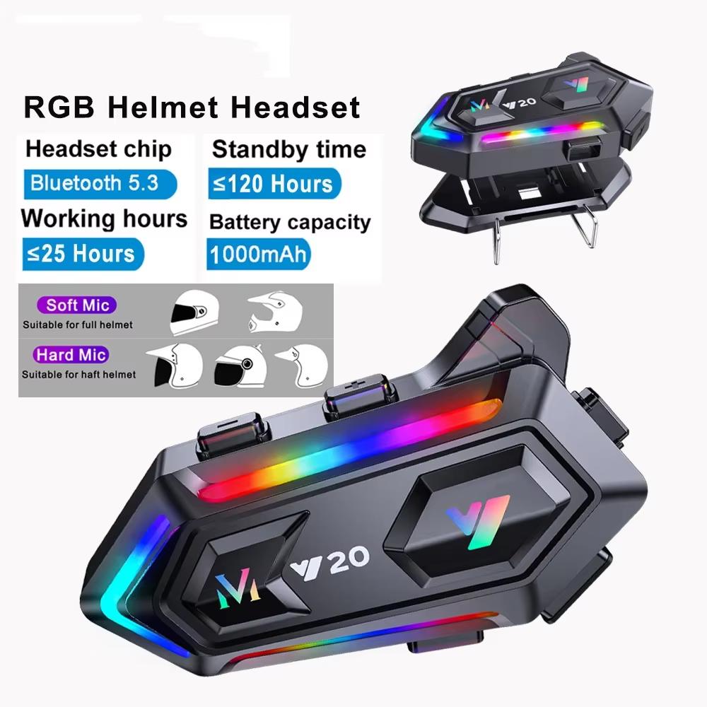 Y20 Motorcycle Helmet Bluetooth Headset with RGB Light Handsfree Call Noize Reduction Waterproof Wireless Motobike Headphone 1000Mah