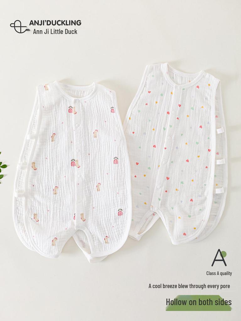 Newborn Summer Cotton Gauze Air Conditioning Suit: One-Piece Pajamas with Belly Protection
