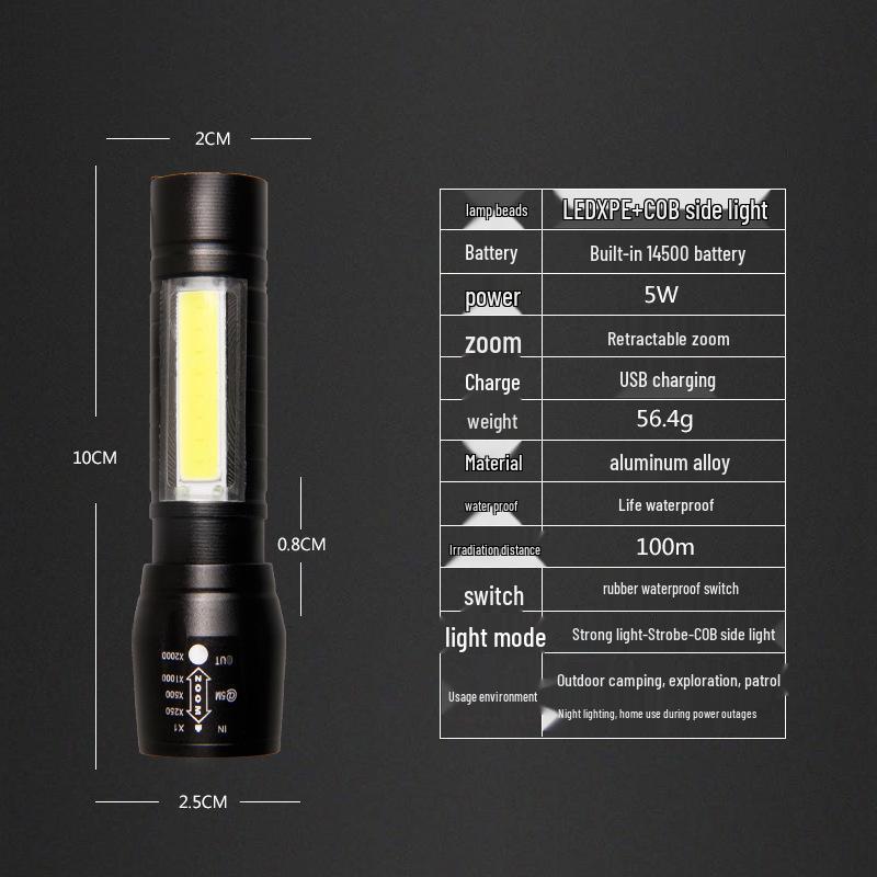 Rechargeable High-Power Outdoor LED Flashlight - Super Bright, Long-Range, Lightweight, Portable, with Zoom and Dimming Features.