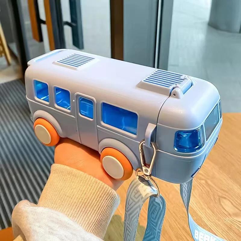 BPA FREE Bus Toy Bottle for Kids Gift Tritan Straw Water Bottle Cup Charming Girl Boy School Kindergarten Travel Kettle with Straps