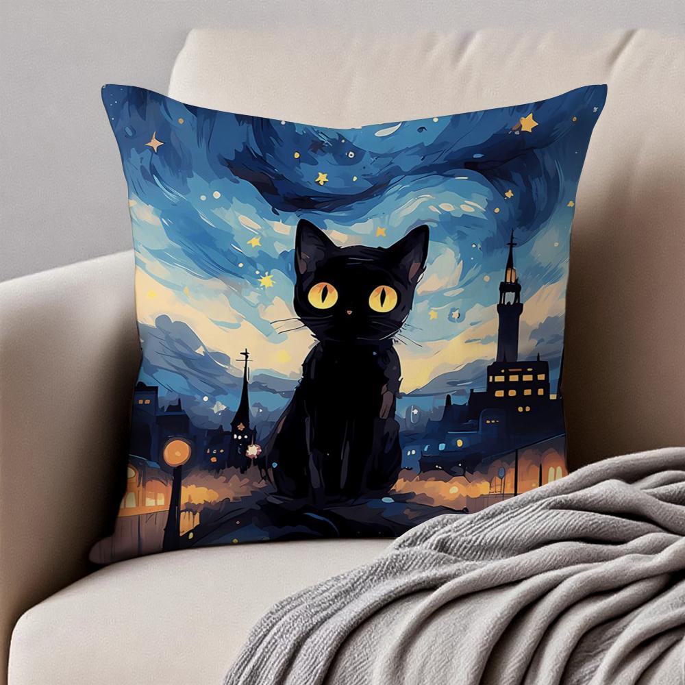 Starry Sky Art Cat Cushion Cover Pillowcase Anti-Dustmite Invisible Zipper Short Plush Sofa Cushion