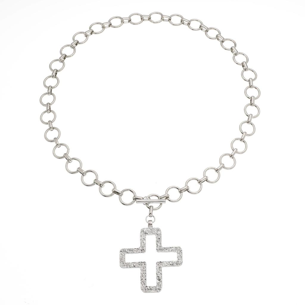 Textured Cross Pendant Toggle Chain Necklace Bold Chunky Statement Necklace for Women