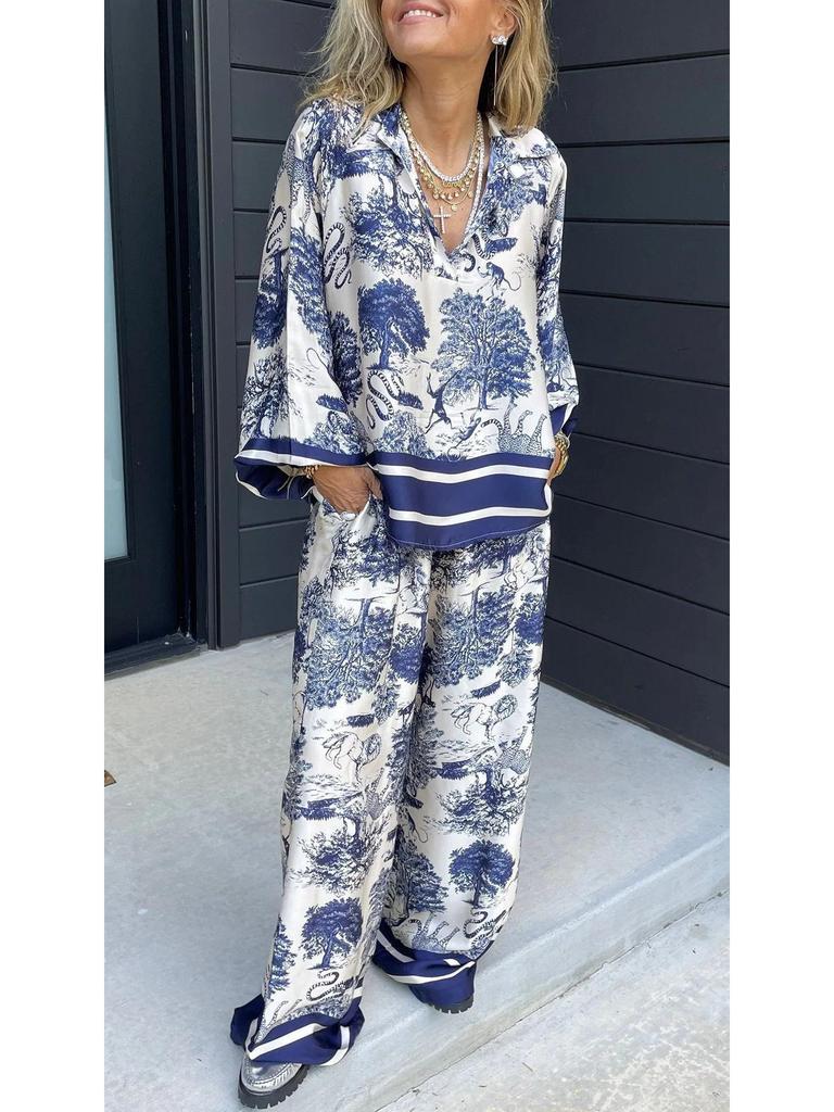 2024 V-neck Print Long Sleeve Women's Fashion Set with Pockets