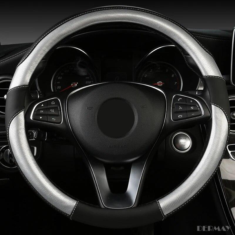 

DERMAY новый автомобильный чехол на руль из искусственной кожи, размер M, подходит для стандартного руля 37-38 см(14-15 дюймов) Нескользящая и простая установка серебряный