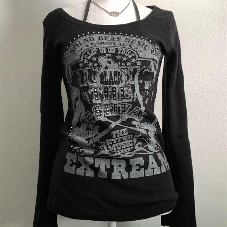 American Retro Print Vintage Long-sleeve T-shirt Women Autumn Design Vintage Base Layer Tops 2000s High Street Y2k Design Causal Clothes