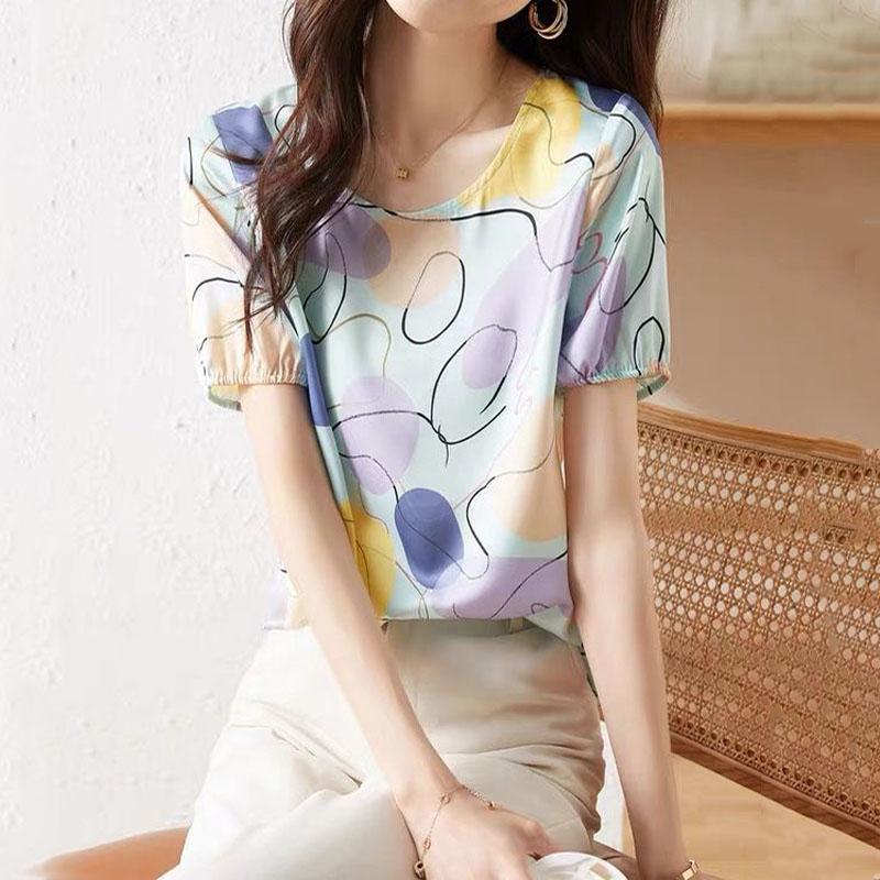 All-match Fashion Geometric Pattern Casual T-shirt Women's Clothing Summer Elegant Ladies Contrasting Colors Short Sleeve Tops