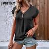 JPNTKY Women's Fashion Casual Solid Color Print Short Sleeve V Neck Blouses & Shirts