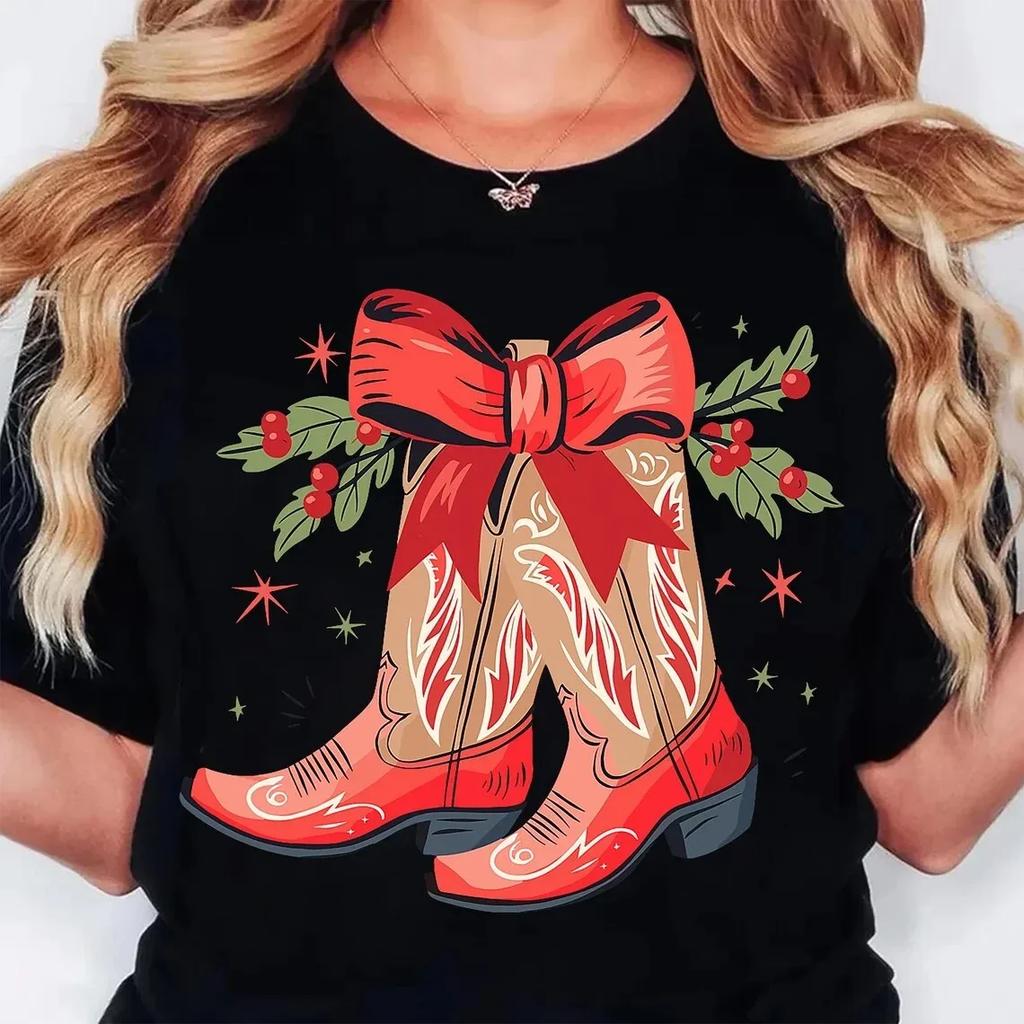 Y2k Clothes Boots Christmas Western Cowboy Holiday Tshirt Casual Short Sleeved Top Womens Cartoon Streetwear Sweet and Cool
