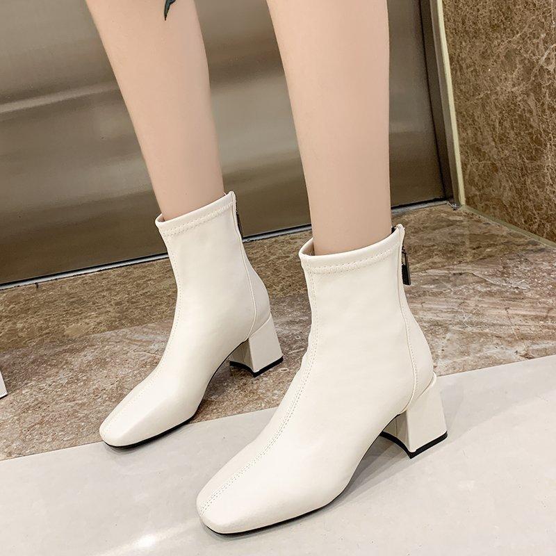 Dames Ensfarget Mote Høye Hæler med Glidelås bak Mote Støvletter Høye Støvletter Lærsko Midhøye Støvletter Damesko