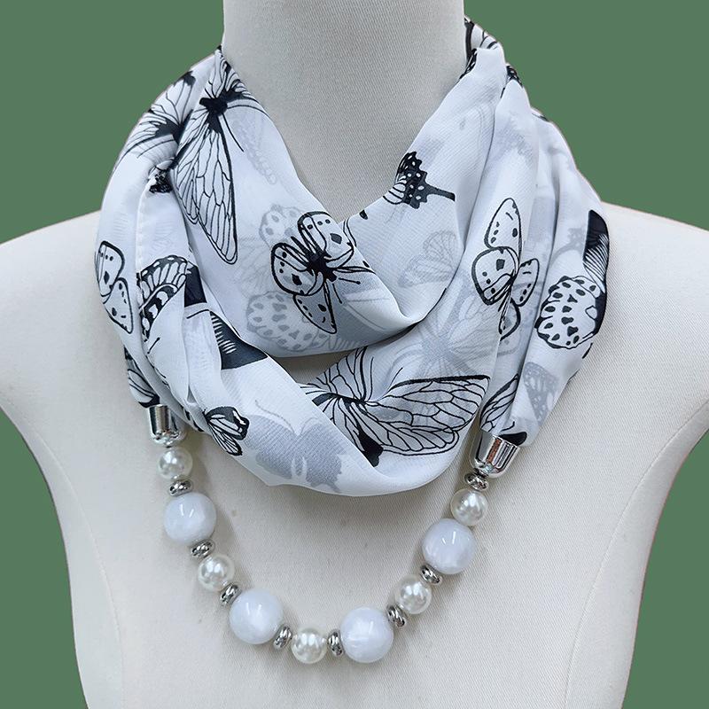 Chic Printed Scarf Necklace with Pearl and Bead Accents – Lightweight Chiffon Infinity Scarf for Women, Fashion Statement Accessory