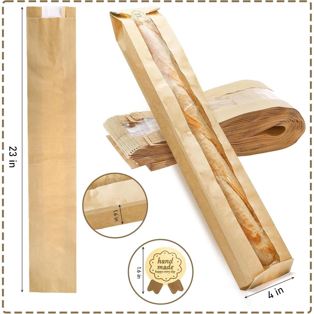 100 Pack Baguette Kraft Bags with Clear Front Window and 100 Seal Stickers, Fresh Breads Loaf Packing Bags, 23"x4"x1.6" Long Bread Kraft Paper