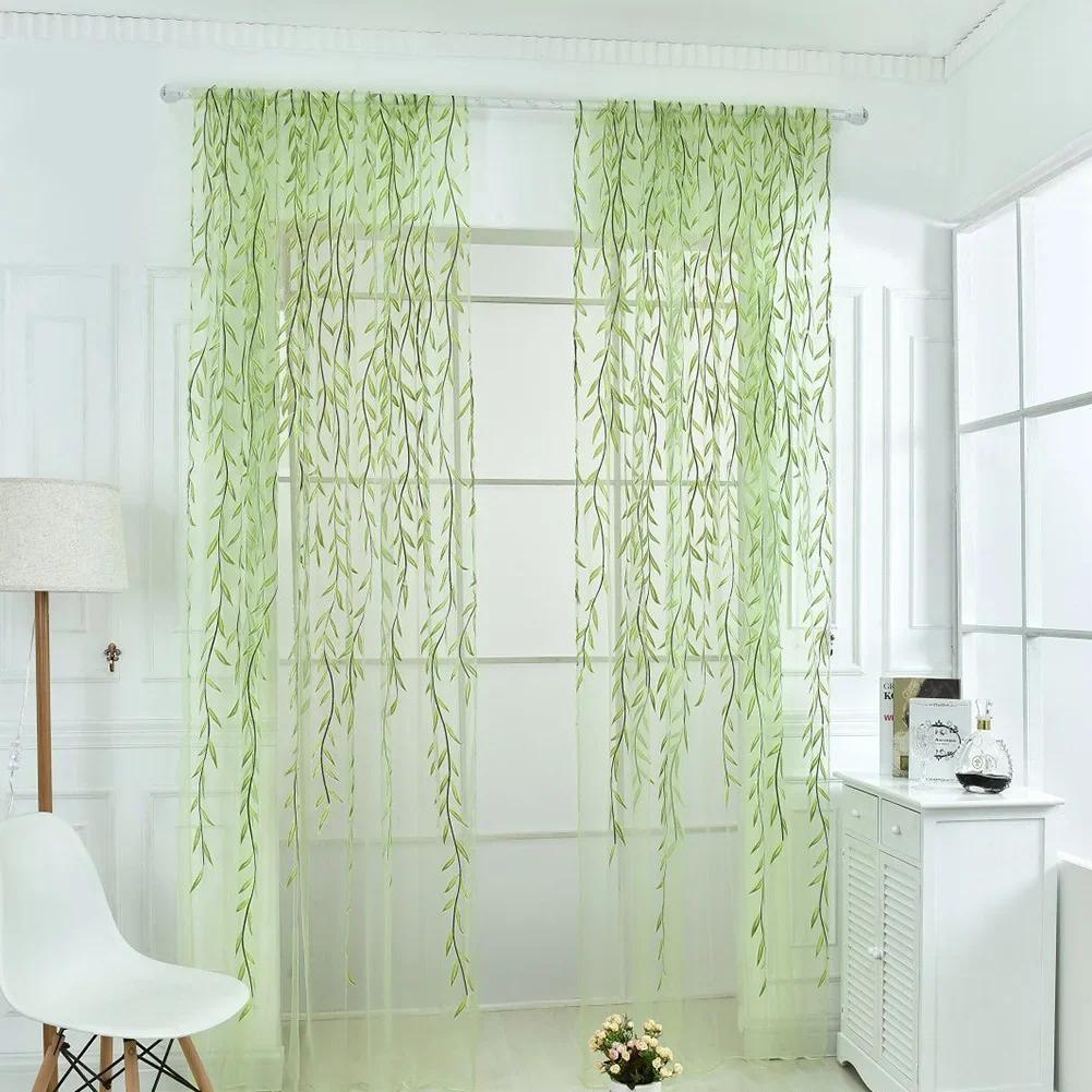 Wicker Style Purple Green Transparent Curtains Leaves Curtains Pastoral Style Floral Window Decorative for Bedroom Living Room