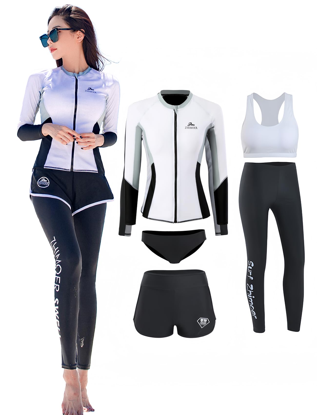 

Женский купальник-рашгард из 5 предметов Beatgos, с длинным рукавом, защита от УФ-излучения UPF 50+, для фитнеса, милый, амфибийный (Женский 2301, 3XL)