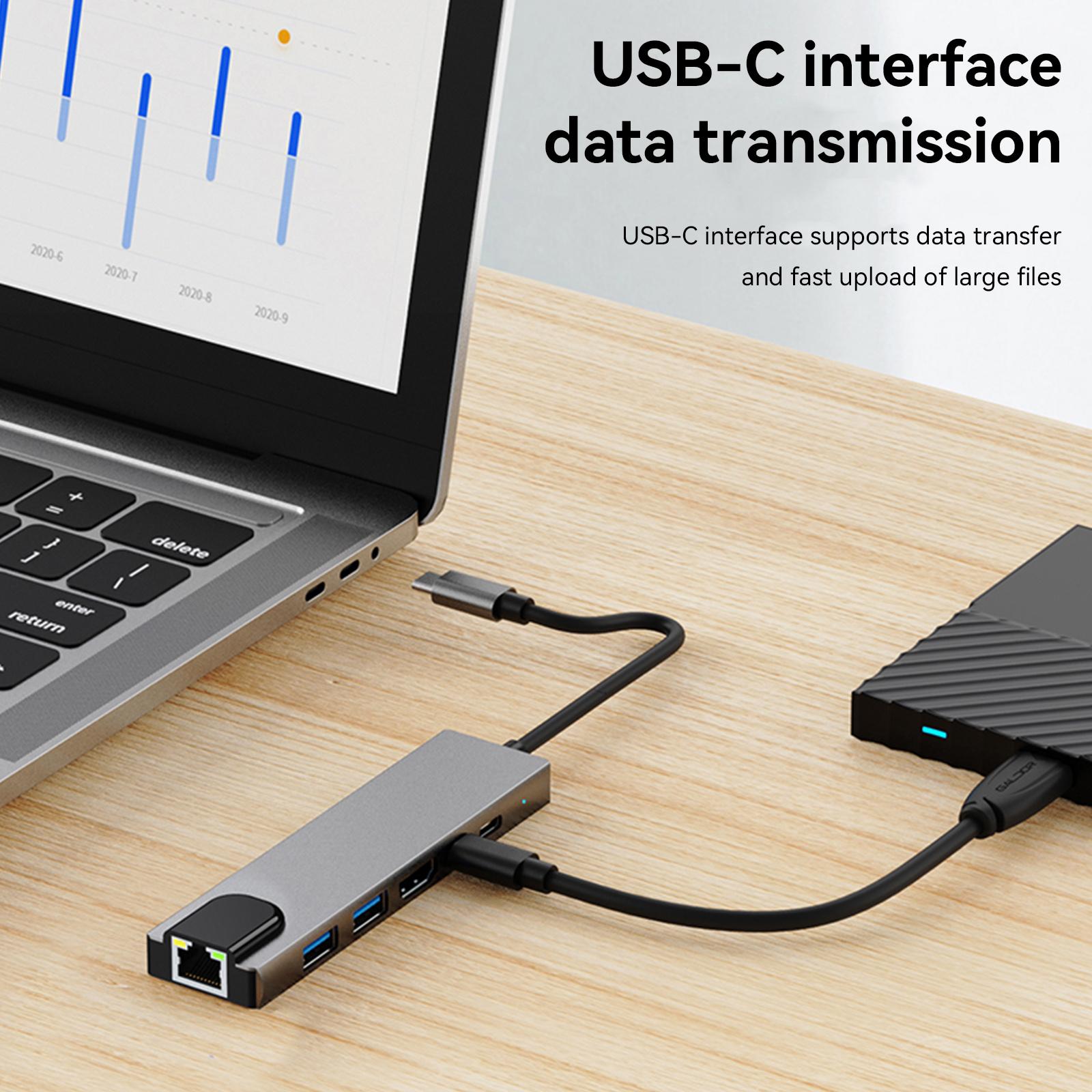 

6 in 1 TYPE-C to HDMI+USB3.0+2.0+RJ45 100M+PD+Data Interface Hub Adapter Dock