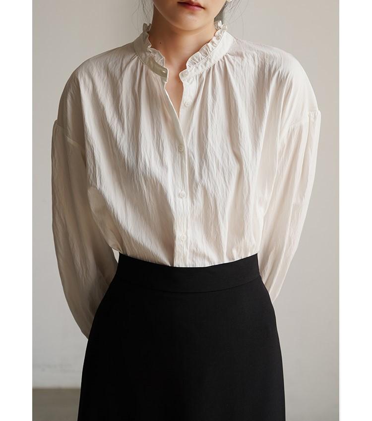Early Autumn French Pleated Ruffle Stand Collar White Shirt for Women