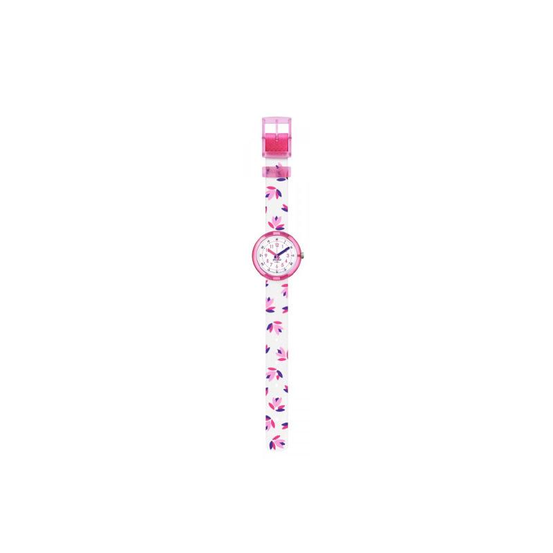 Swatch Flik Flak Feifei Serie Quarzwerk 30 Meter wasserdicht Kinder Schweizer Uhr 31,85*35mm weißes Zifferblatt Kunststoffgehäuse Stoffarmband ZFPNP095