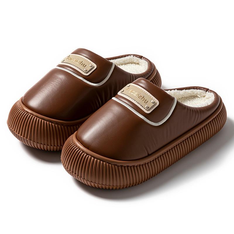 Cotton slippers imitation PU leather rubber sole autumn and winter wear thick soles warm and velvet home dormitory confinement wool shoes