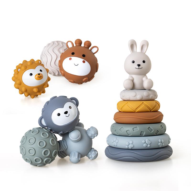 Soft Rubber Baby Hand-Grip Ball, Building Blocks & Stacking Rings Toy Set