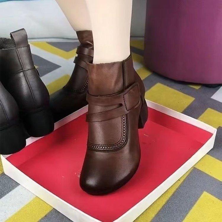 Ethnic Style Retro Short Boots Women's Thick-heeled Round Toe Comfortable Mother Shoes Side Zipper All-match Leather Boots Soft Sole Soft Surface