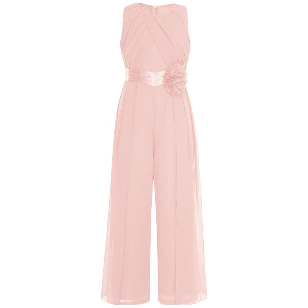 Girls Party Wear Solid Color Sleeveless High Waist Ruffled Chiffon Detachable Flower Wedding Jumpsuit