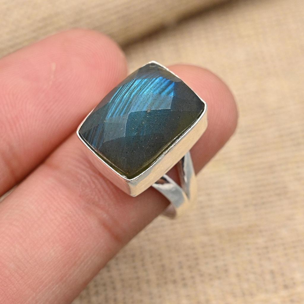Faceted Labradorite Gemstone Jewelry Handmade 925 Sterling Silver Ring For Wedding Gift
