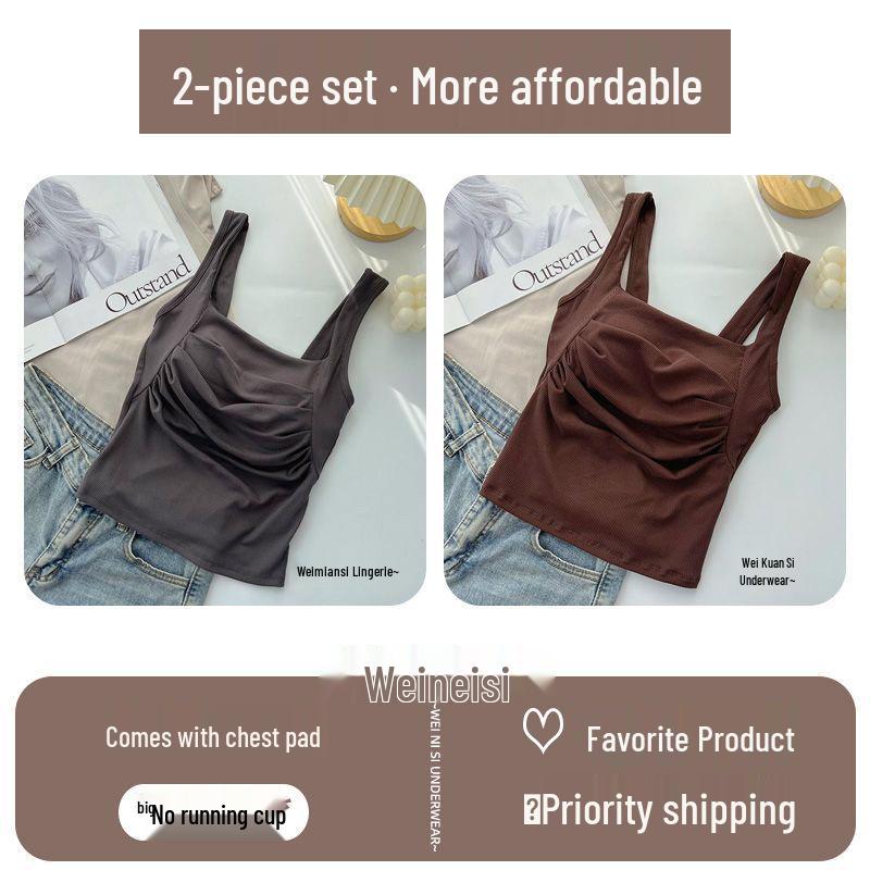 Korean Ruffled Spaghetti Strap Women's Tank with Chest Pads - Sexy Backless Slimming Base Layer