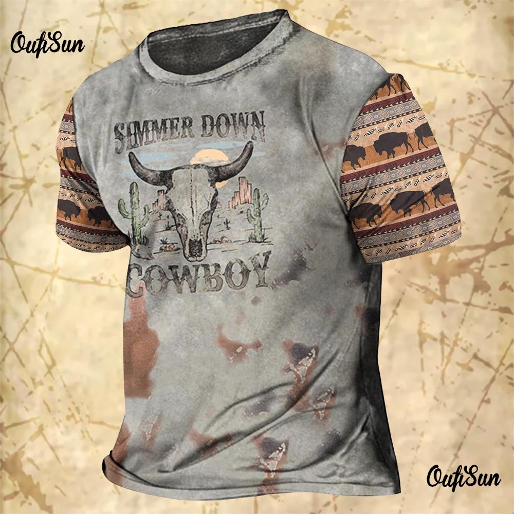 Men's Vintage T-shirts Cowboy Design Western America Tops 3D Printed O-Neck Oversized T-shirt Short Sleeve Streetwear