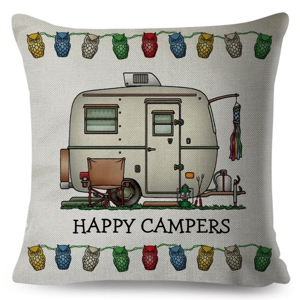 Happy Camper Pillowcase Decor Cartoon Travel Car Printed Pillow Case for Home Sofa Children Room Polyester Cushion Cover 45x45cm