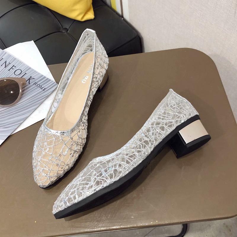 Women Thick Heel Sandals Ladies Mesh Hollow-out Pointed Single Shoes Children Middle Heel Work Shoes Footwear