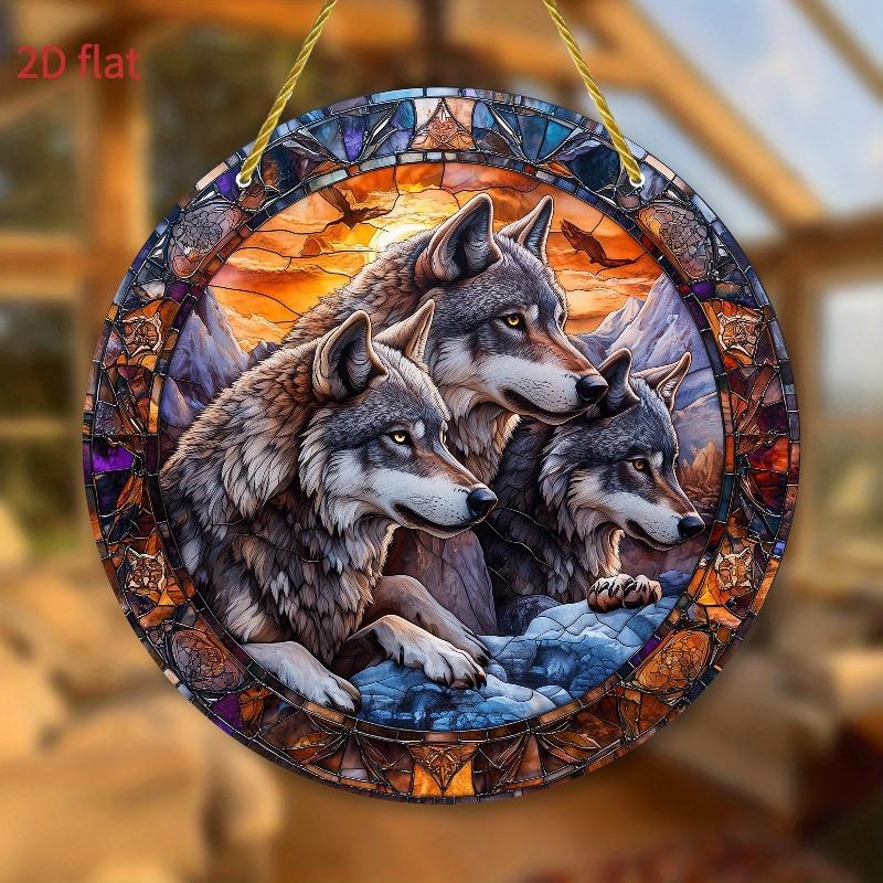 2D Flat Bohemian Style Three Wolves Mountain Scene Acrylic Decoration Sign, Stained Glass Design, Home Decor Plaque Hanging Wall Art Decorative Garden