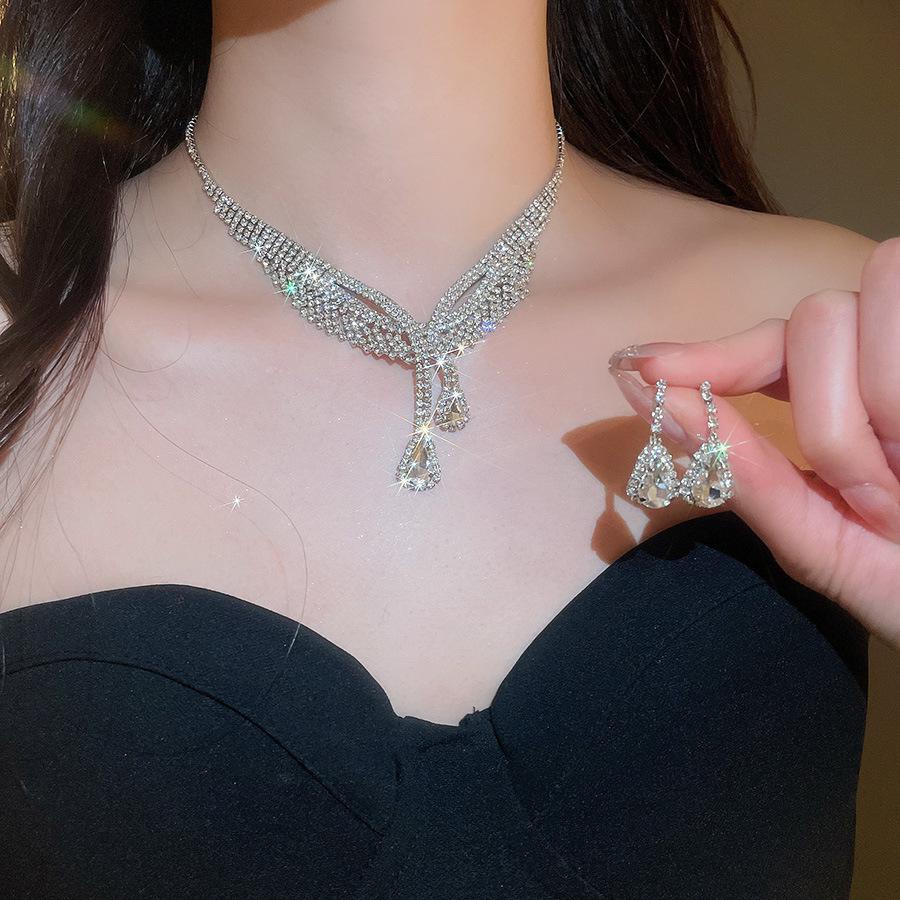 Exquisite Rhinestone Water Drop Tassel Necklace & Earring Set - Luxurious European & American Style