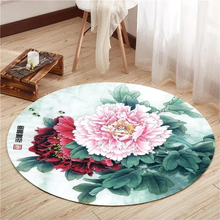 Lotus Flower Round Carpet Living Room Bedroom Yoga Mat Rugs Chinese Style Retro Non-slip Chair Mat Home Decoration Floor Mats