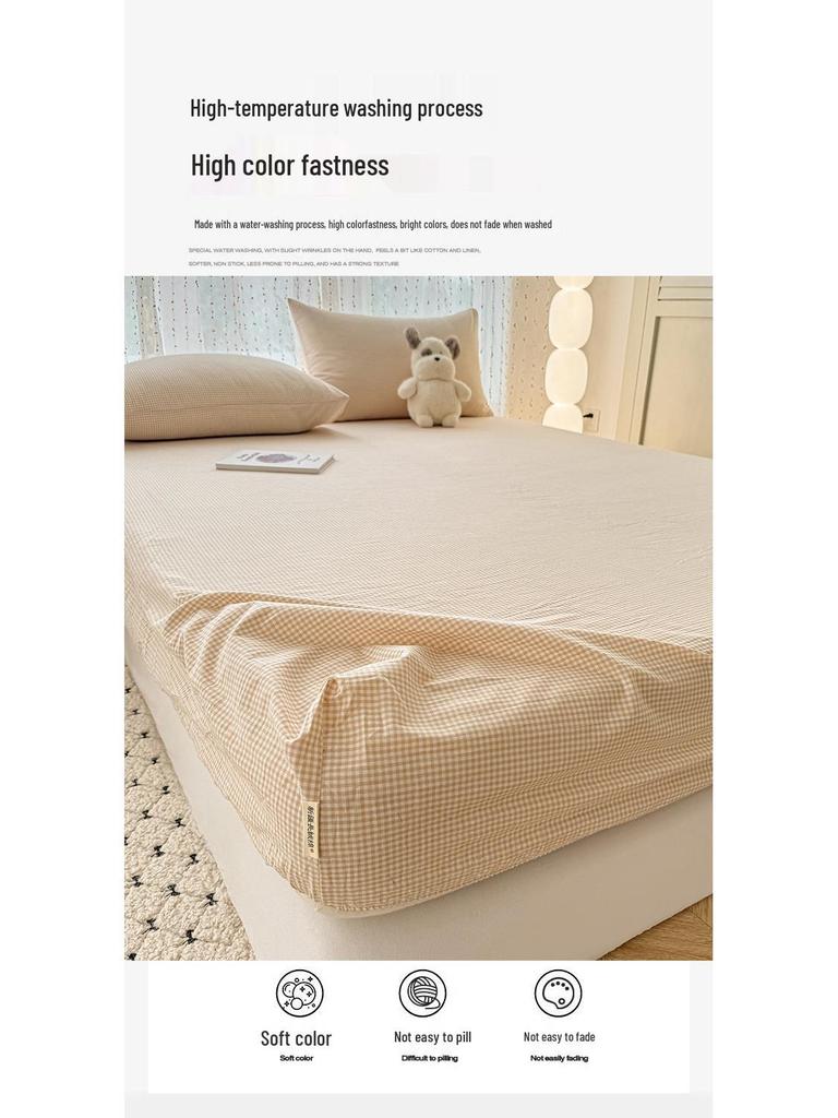 Pure Cotton Yarn-Dyed Washed Fitted Sheet: Non-Slip, Dustproof, Skin-Friendly Mattress Protector 3-Piece Set.