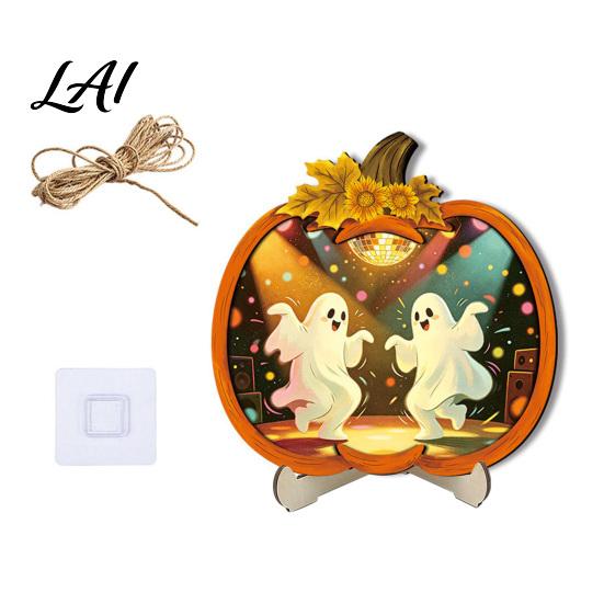 Cool Patterned Ornaments Halloween Door Sign Glowing Ghost Hanging Decor Wooden LED Window Reusable Party Supplies Ornament for Party Spooky
