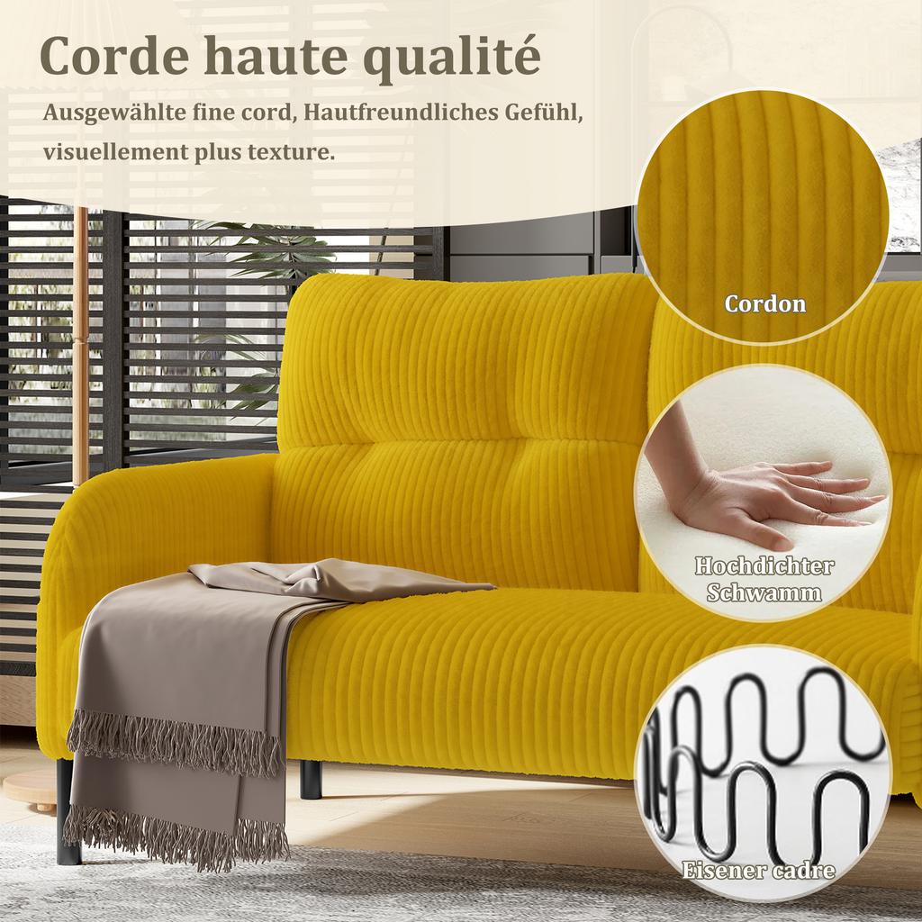 Corduroy Two-Seater with Comfort Upholstery High Backrest & Side Pockets Metal Legs Inviting Softness Optimal Support Perfect for Home Office Lounges